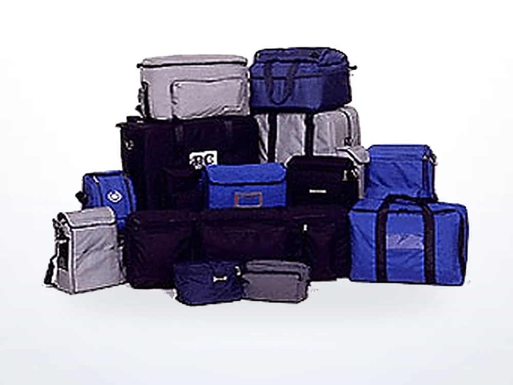Custom sewn Soft Sided carrying cases and equipment bags in blue and grey fabrics